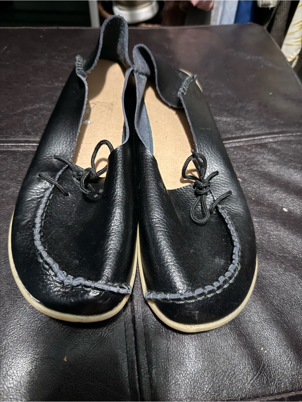 Black Leather Moccasin Flats with Bow